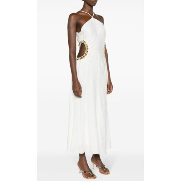 Cult Gaia Off White & Gold Maxi Halter Dress Embellished Side Cutouts Size 10 - Picture 13 of 14